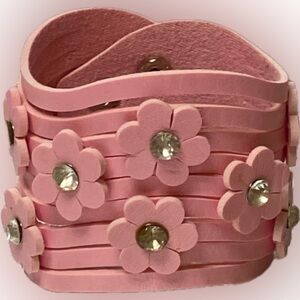 Pink Rhinestone Flower Wave Cuff Bracelet Faux Leather Adjustable NWT